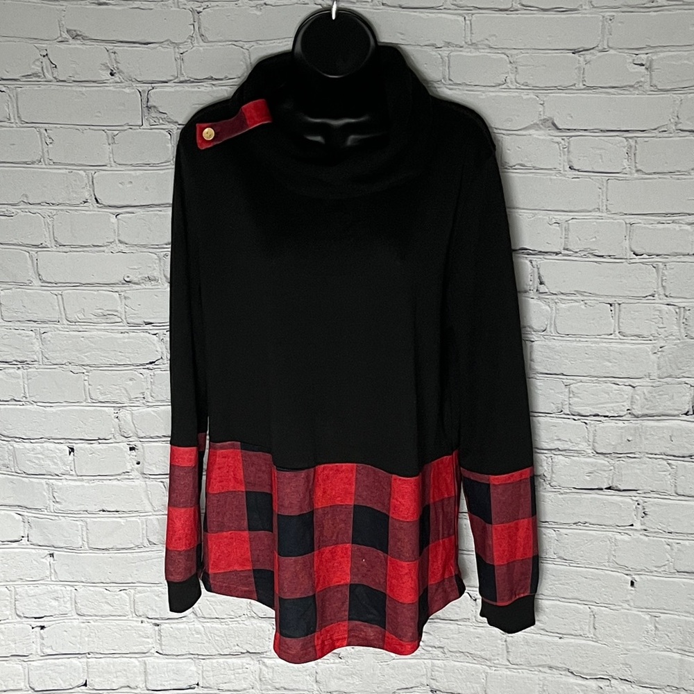 Plaid Cowl Neck Sweater - Black and Red